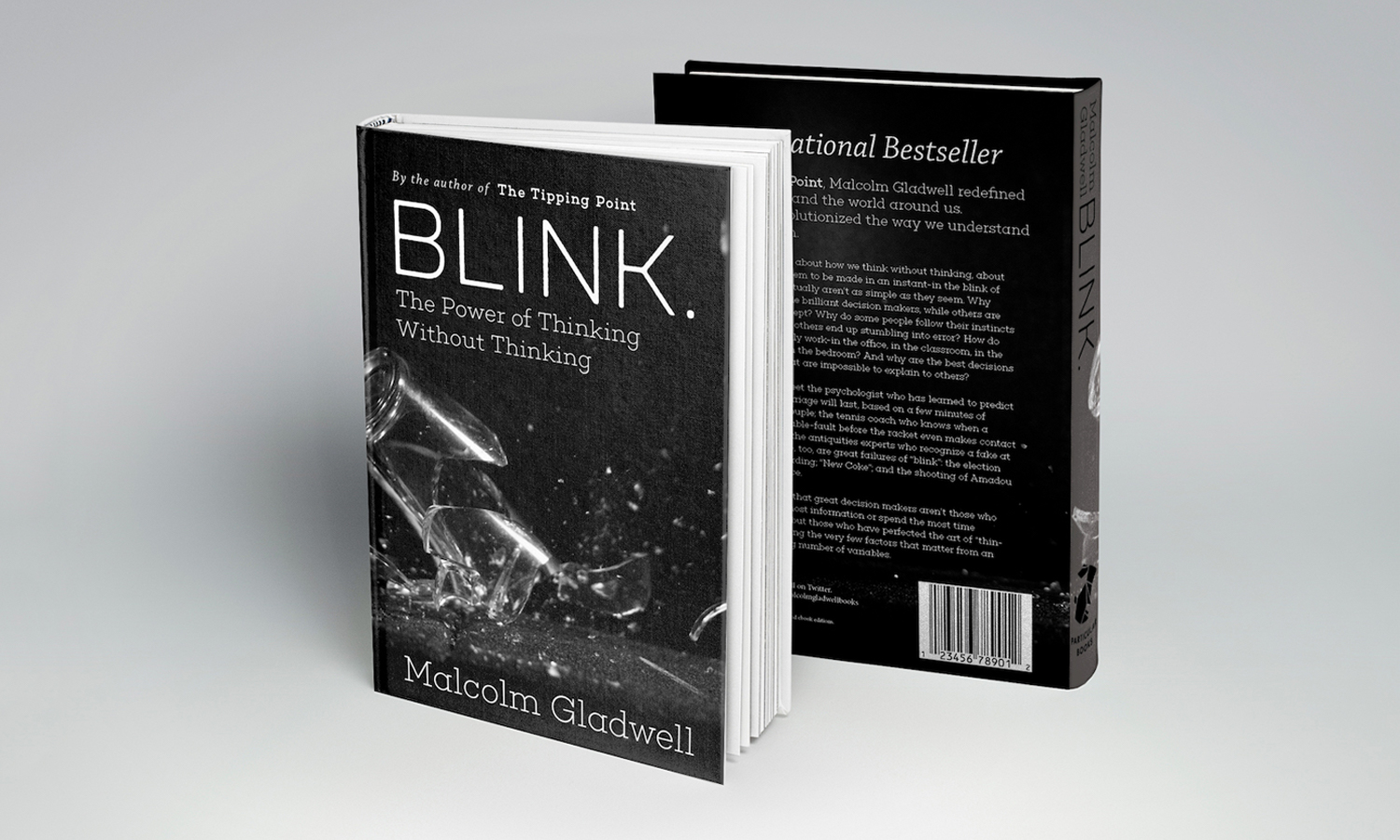 Mockup of book cover. The book, Blink, has an image of a glass breaking